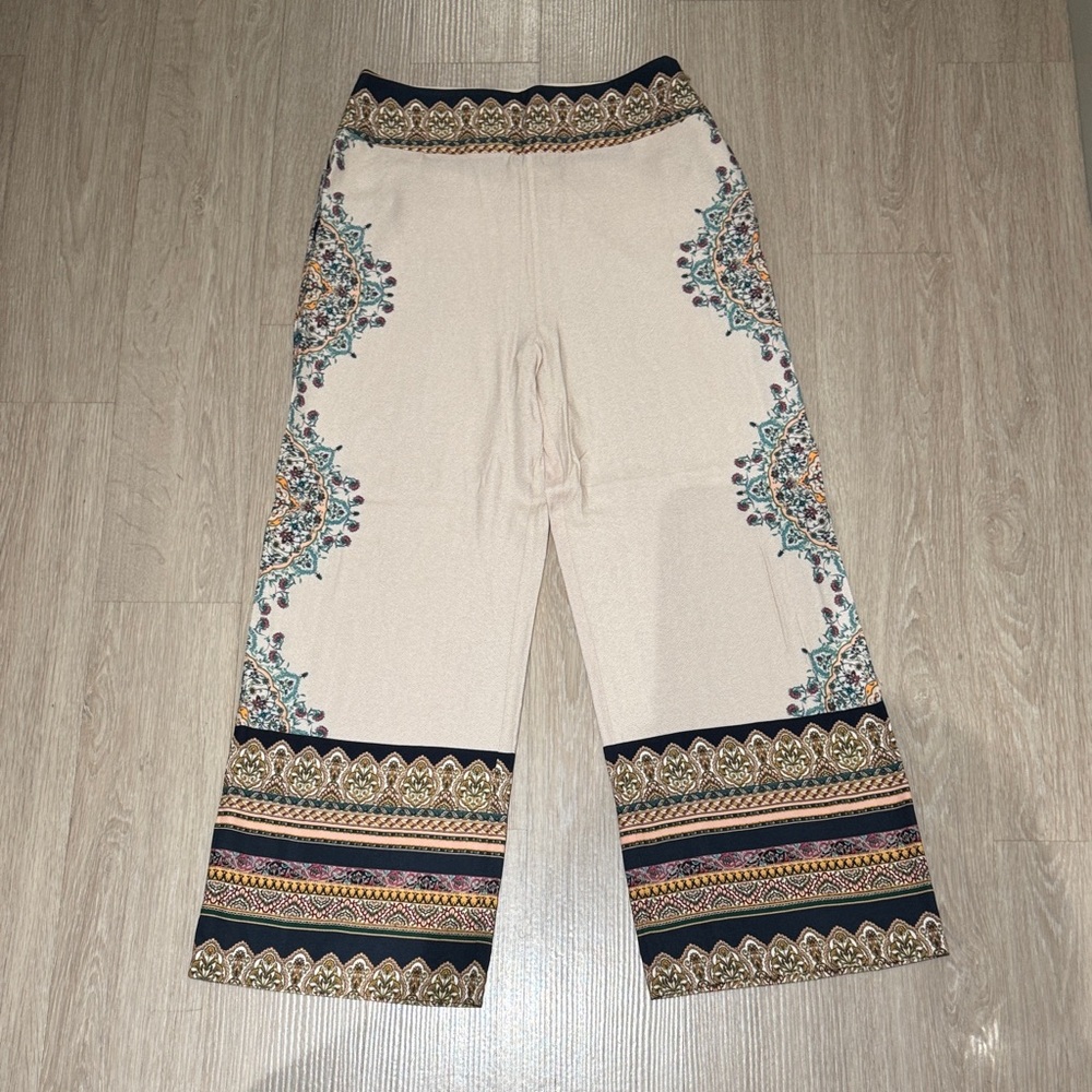 Anthropologie Cream Wide-Leg Pants with Navy and Multicolor Border
